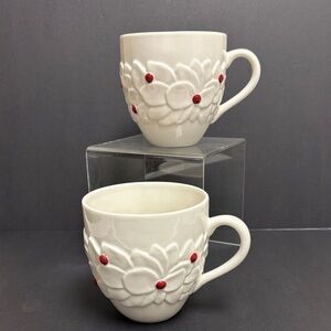 Starbucks White Holiday Mugs with Red Berries 2004 Set of 2
